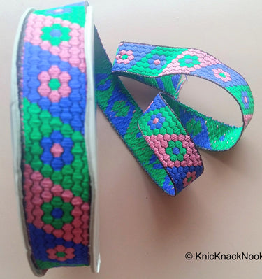Pink, Blue And Green Trim With Floral Embroidery, Approx. 20mm Wide
